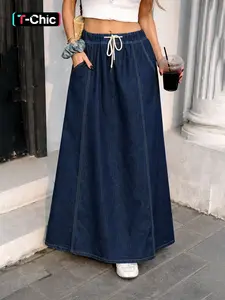 Women's Denim Skirt, Casual Style, All Seasons Wear, Standard Code, Ladies Fashionable Half-Piece Dress, Adjustable Drawstring
