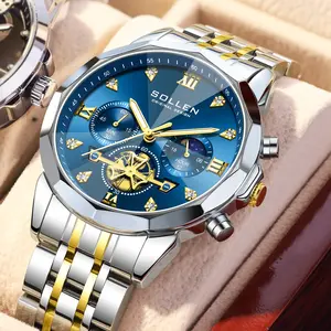 SOLLEN 723 Men's Luxury Moon Phase Chronograph Watch – Large Dial, Multifunction Quartz, Luminous Waterproof Design, Stainless Steel Strap | Perfect Gift for Boyfriend, Husband, or Dad – Ideal for Birthday, Valentine’s, Father’s Day, or Wedding