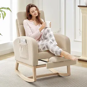 Rocking Chair Nursery with Foot Rest, Modern PU Upholstered Reading Glider Rocker Accent Armchair with High Backrest, Padded Seat, Side Pocket, for LivingRoom, Bedroom, Baby Room