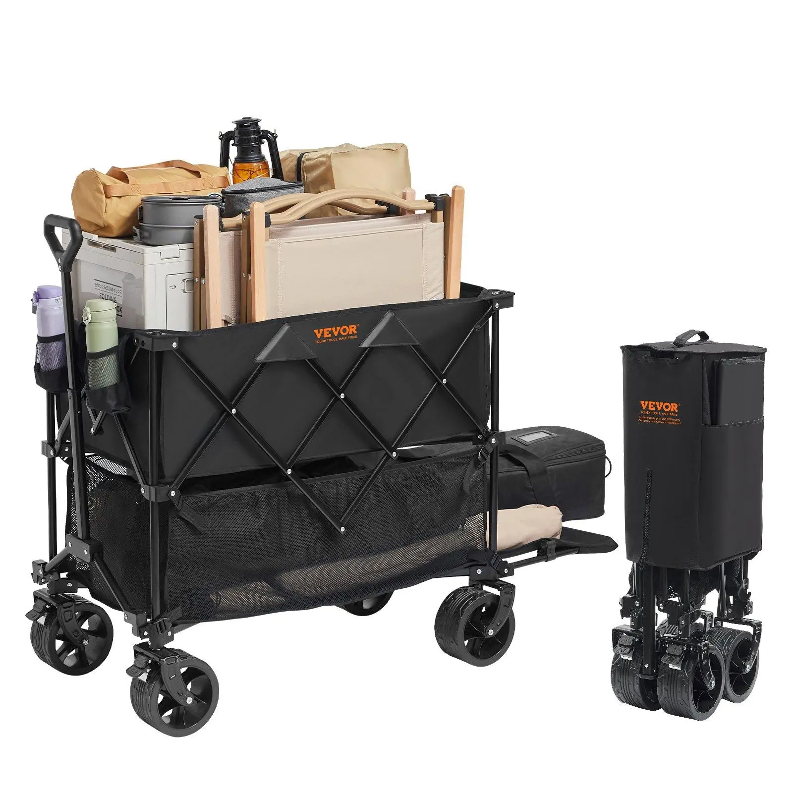 【Summerfinds】VEVOR Foldable Double Decker Wagon, Collapsible Wagon Cart with All-Terrain Wheels, Heavy Duty Folding Wagon Cart  for Camping, Shopping, Garden, Extra Long Extender