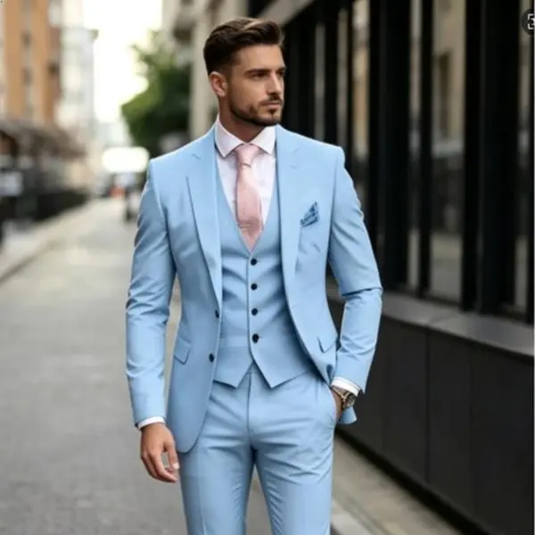 Men's Slim-Fit Double-Breasted 3-Piece Formal Wear Suit - Cotton Long-Sleeve Blazer, Vest, Pants, Multi-Color Plain for Wedding, Business Events