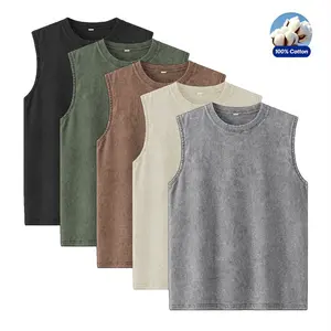 2026 Summer New cotton Men's Washed Cotton Tank Tops Muscle Gym Sleeveless Workout T Shirts Women Running Beach Loose Tees Beige Casual