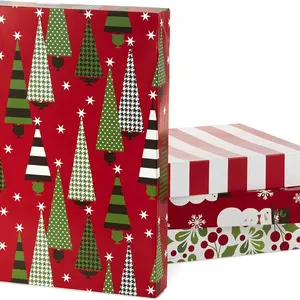 Medium Christmas Gift Boxes with Lids (12 Shirt Boxes, 4 Designs: Trees, Stripes, Snowmen, Holly) for Christmas, Holiday Parties, Hostess Gifts