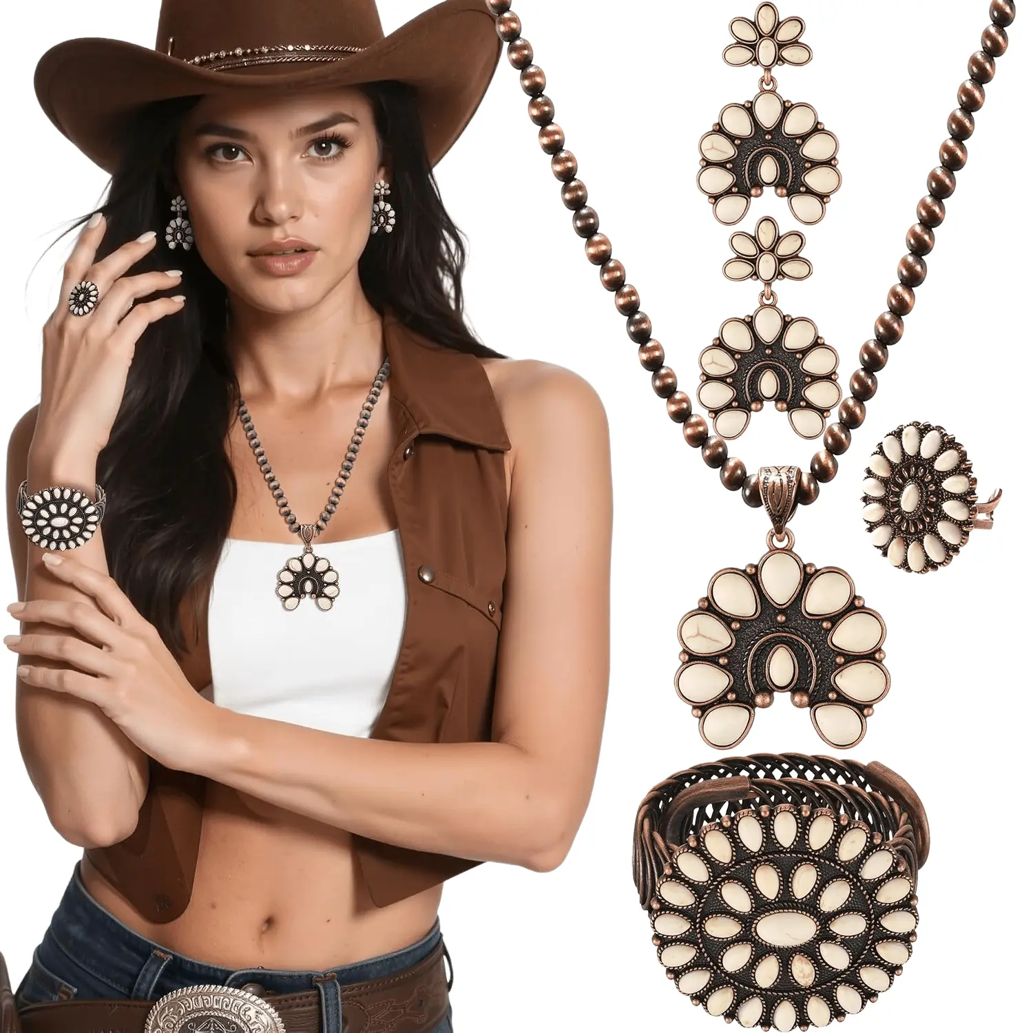 Women's 4PCS Western Turquoise Costume Jewelry Set - Navajo Pearl Necklace, Earrings for Women, Bracelet, Ring - Boho Vintage Cowgirl Gifting Accessories