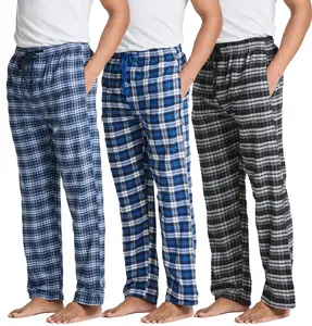 Real Essentials 3 Pack: Men's Pajama Pants  - Knit Cotton Flannel Plaid Lounge Bottoms- Button Fly (Available In Big & Tall)