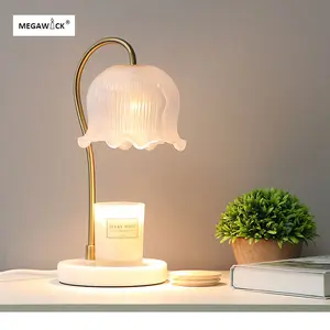MEGAWICK Vintage Candle Warmer Lamp with Timer - Elegant Flower Shape, Dimmable, Hight-Adjustable Candle Warming Lamp with Premium Marble Base for Jar Candles, Scented Wax, 2 Bulbs Included for Home Decor Gift Glass Decorative Fragrance