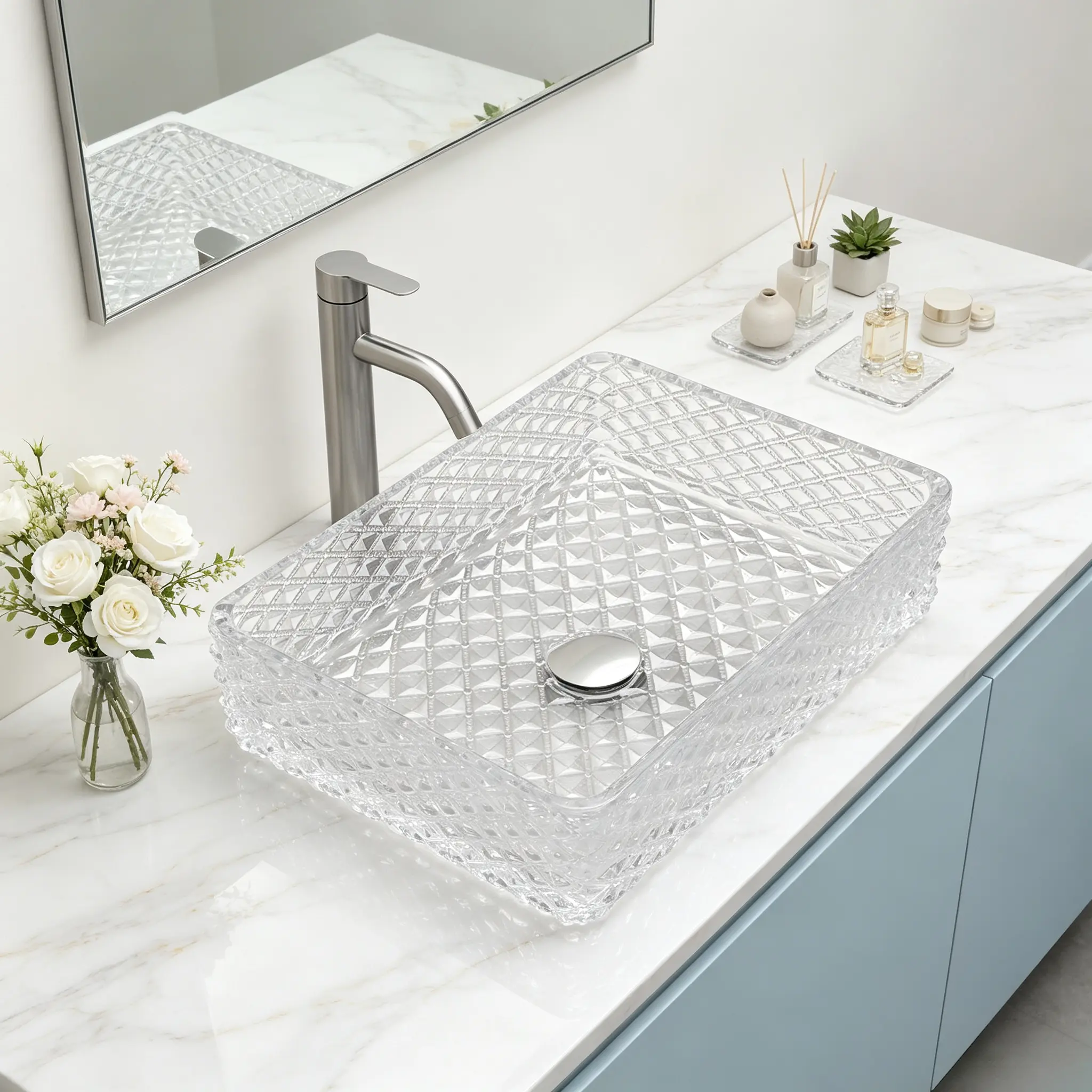 Logmey 17.5" Clear Crystal Textured Rectangular Tempered Glass Vessel Sink with Chrome Pop-Up Drain, Above Counter Bathroom Vanity Sink