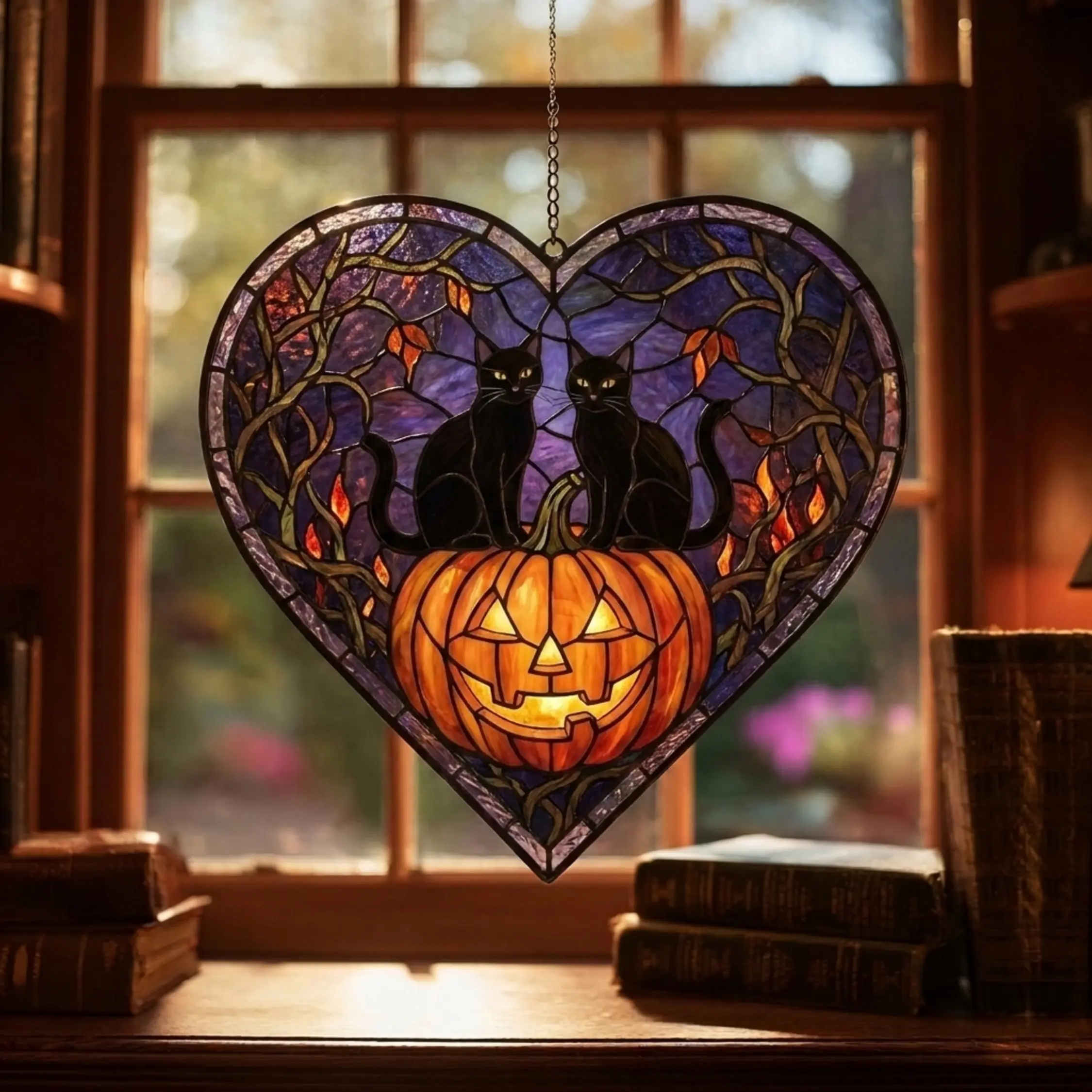 Heart Shaped Halloween Cats Stained Glass Suncatcher, Cute Ghost & Haunted Castle Window Hanging Decor, Black White Cat Couple Acrylic Sun Catcher Panel, Spooky Home Gift
