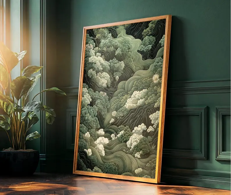 [SALE UP TO 50] - FREE SHIP - Japanese Forest Wall Art Maximalist Print Sage Green Wabi Sabi Painting japandi Art chinoiserie poster extra large printable wall art