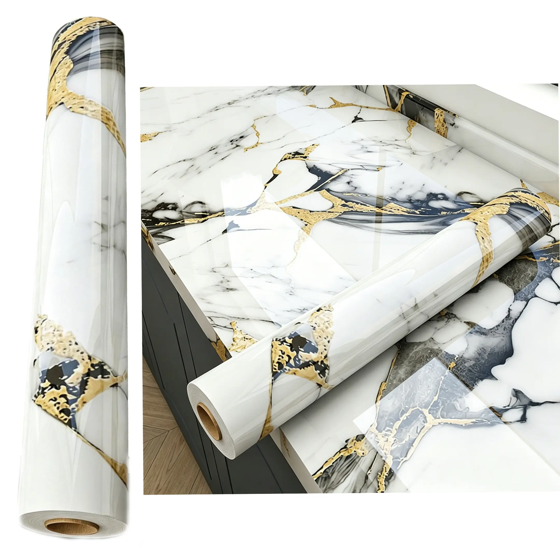 Self-Adhesive Wallpaper Marble Contact Paper for Countertops Desk Waterproof Anti Oil Gold Marble Wallpaper Peel and Stick Countertop Kitchen Vinyl Wrap Marble Counter Top Covers Bathroom Bedroom Walls