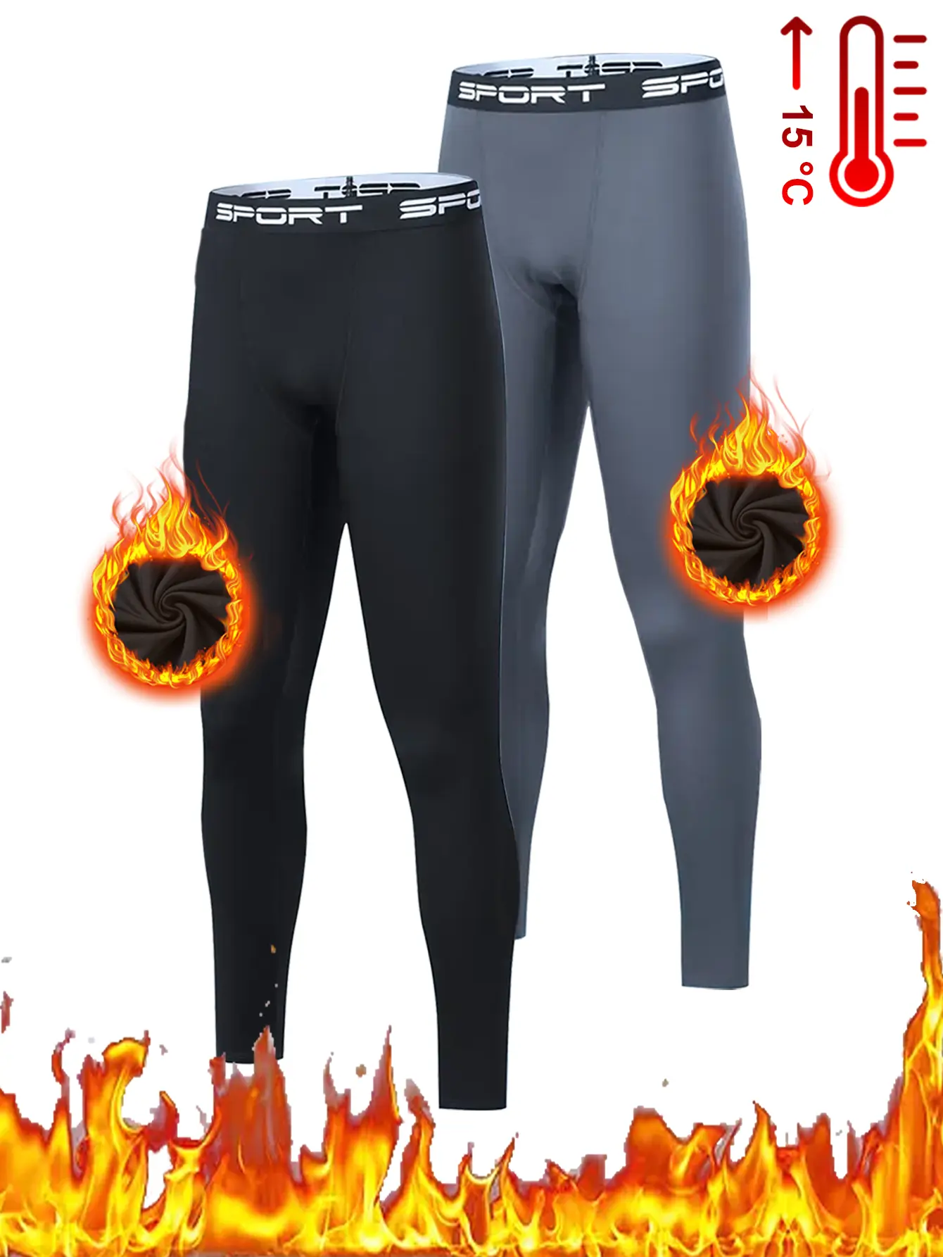 Men's 2-Pack Thermal Compression Pants, Plain High-Stretch Athletic Base Layer, Quick-Drying Breathable Bottoms for Fall & Winter, Sweatpants, Activewear, Outdoor, Menswear, Sportswear, Elastic