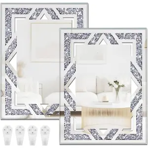 2 count Rectangular Hollow Crushed  Decorative Mirror,  Crushed  Mirror Decor Wall for Living Room Bedroom Bathroom (11"x15")
