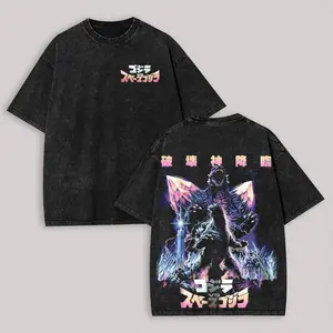 Men's Oversized Vintage Distressed Streetwear Round Neck Tshirt - Godzilla vs SpaceGodzilla Kaiju Print Short-Sleeve Menswear Top for Fans