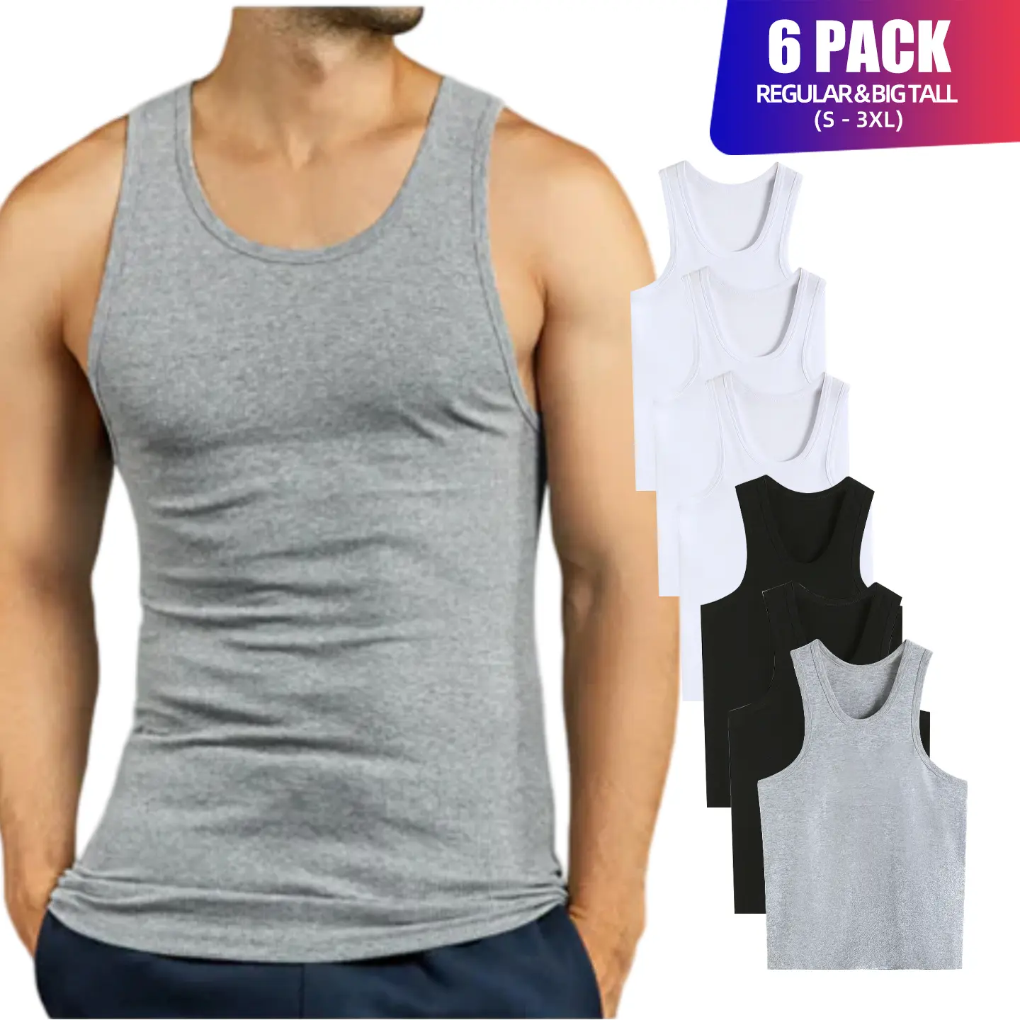 6 Pack Men's A-Shirts 100% Cotton Ribbed Underwear Tank Top Solid Casual Menswear S-3XL Regular Big & Tall Workout Breathable Sleeveless Plain Classic