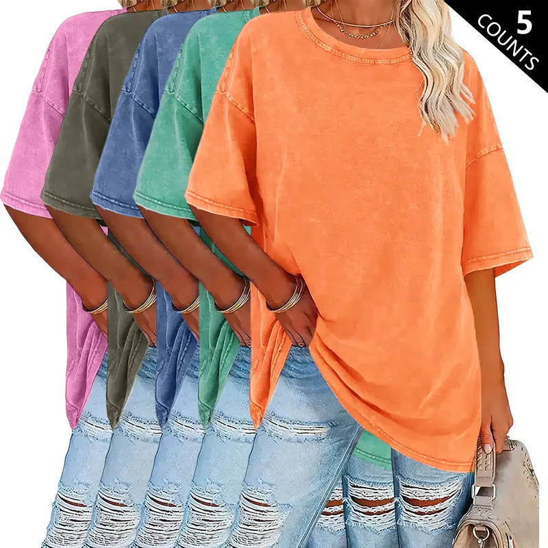 5-Pack Women’s Summer Fashion Washed Cotton Vintage High-Quality 230 g/m² Thick Pure Cotton T-Shirts, Streetwear Retro Style Crew Neck Short Sleeve Summervibes