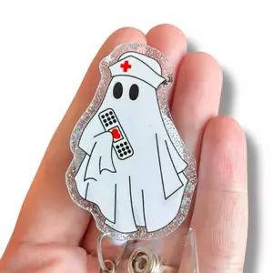 Glitter My Badge Halloween ghost Spooky nurse badge reel for nurse and hospital workers. Badge clip Badge pull - Retractable swivel clip with a 360 rotation. Great gift for coworker.