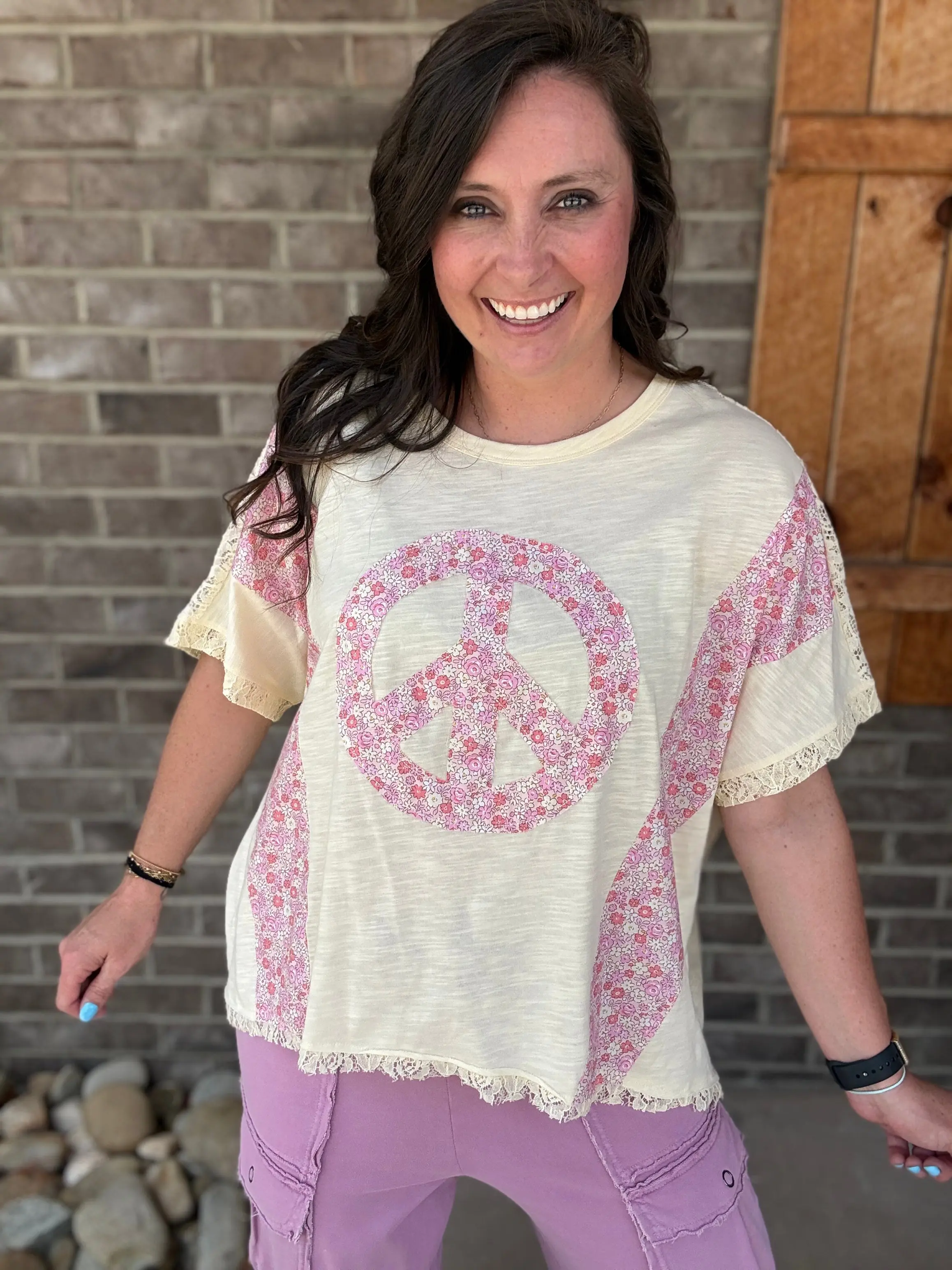 Peace Patch Floral & Lace Slub Knit Top by Haptics