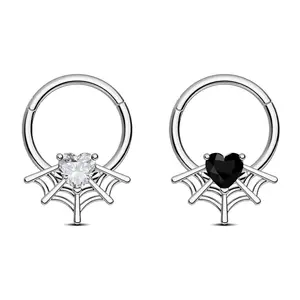 Oufer 16G Halloween Spiderweb Heart CZ Hinged Ring | Black & Clear CZ Gothic Glam 316L Stainless Steel Septum Piercing Jewelry Cubic Zirconia Grillz Adjustable Waist Chain