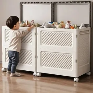 Cream-colored foldable storage box Organiser with lid and wheels, large-capacity collapsible storage box, dustproof and moisture-proof storage for clothes, toys, blankets, and household use, stackable and easy to move, Collapsible Storage Bins