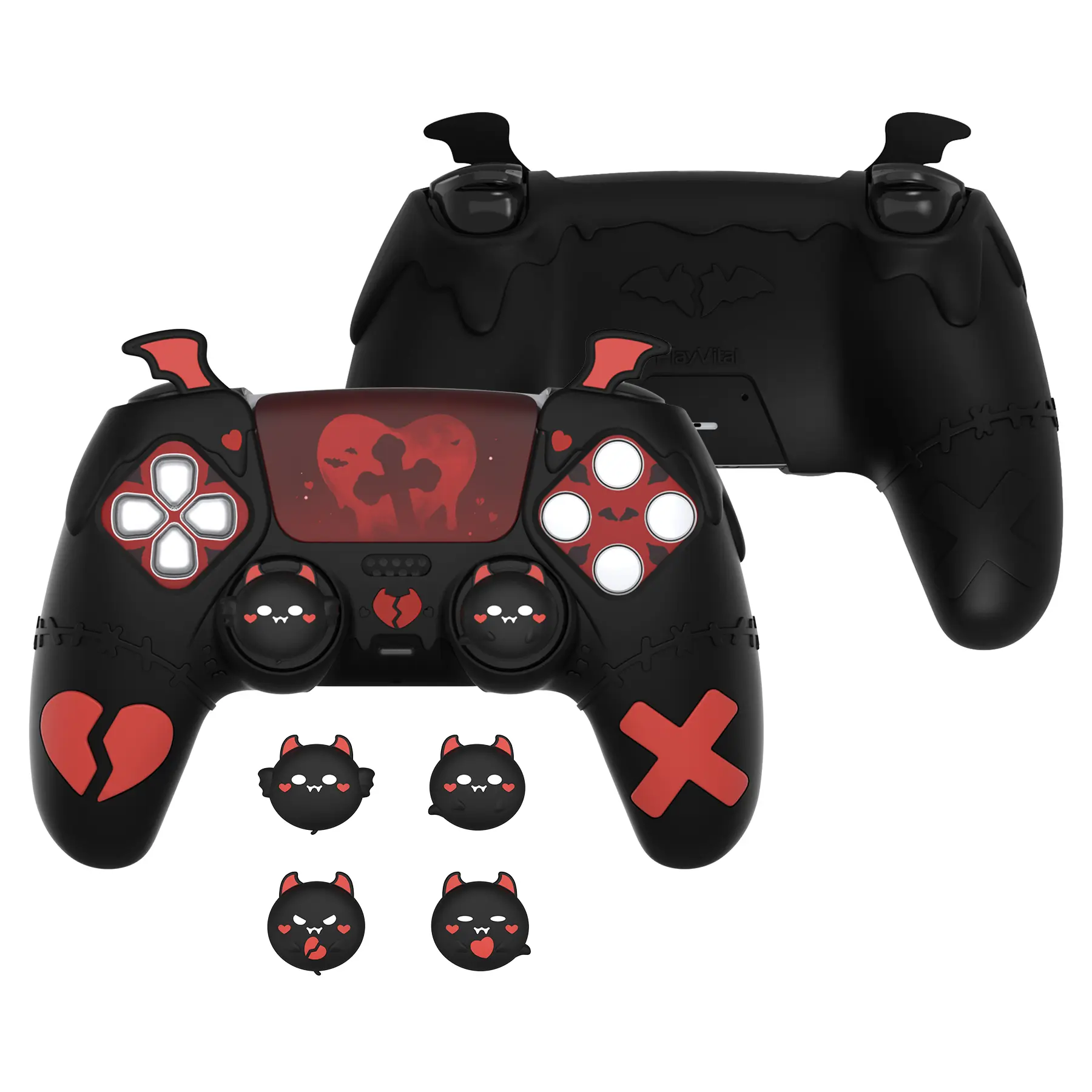 PlayVital Gothic Imp Cute Silicone Case for ps5 with 4 Thumb Grips and Stickers, Compatible with ps5 Charging Station, for Xbox Series X & S Controller, for Nintendo Switch Pro Controller - Black Devil Wings Console