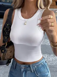 White Cropped Ribbed Tank Top Womenswear - 2026 Trending Basic Casual Hot Girl Top, Stretchy Knit Fabric Perfect for Layering & Daily Outings, Minimalist Design That Stands Out, Versatile Slim Fit