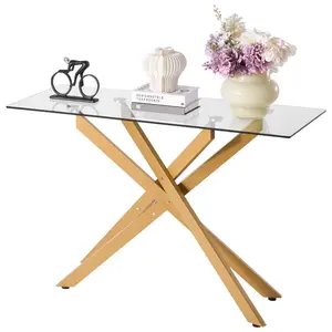 Summervibes VEVOR Glass Coffee Table, Modern Rectangle Sofa Side Table with Tempered Glass Top Iron Cross-Legs, Golden Geometric Consloe Desk with Adjustable Anti-slip Foot Pads for Living Room, Entryway, Foyer