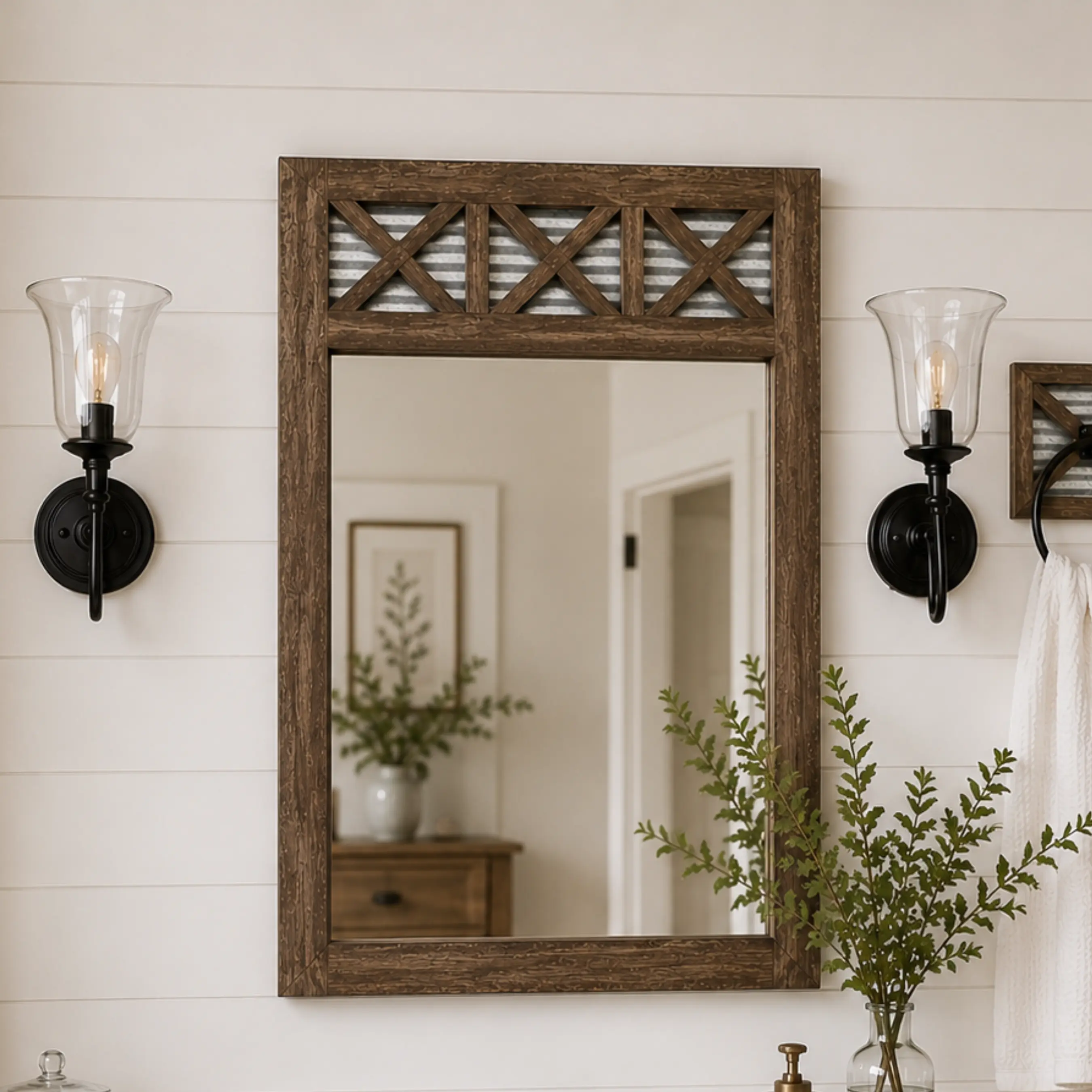Autumn Alley Rustic Farmhouse Barn Door Wall Mirror – Wood & Galvanized Metal Vanity Mirror for Bathroom, Bedroom & Entryway, Small - 20” x 28”