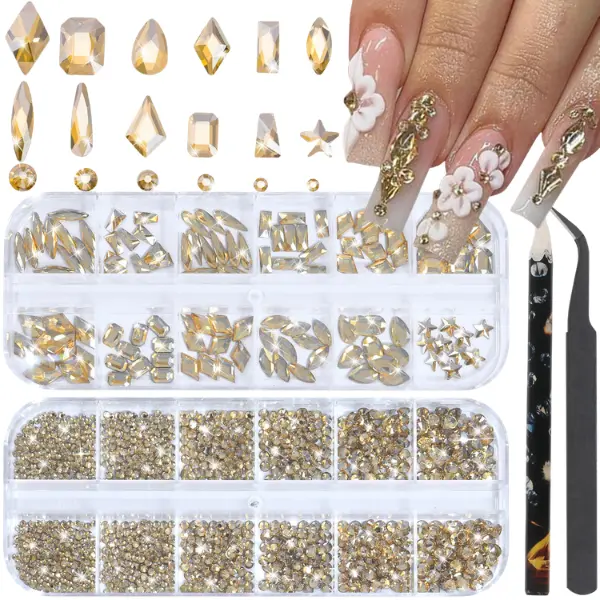 3D Champagne Gold Nail Rhinestones Kit – Multi Shape & Size Flat Back Crystal Nail Gems for DIY Nail Art, Acrylic Nails & Decorations