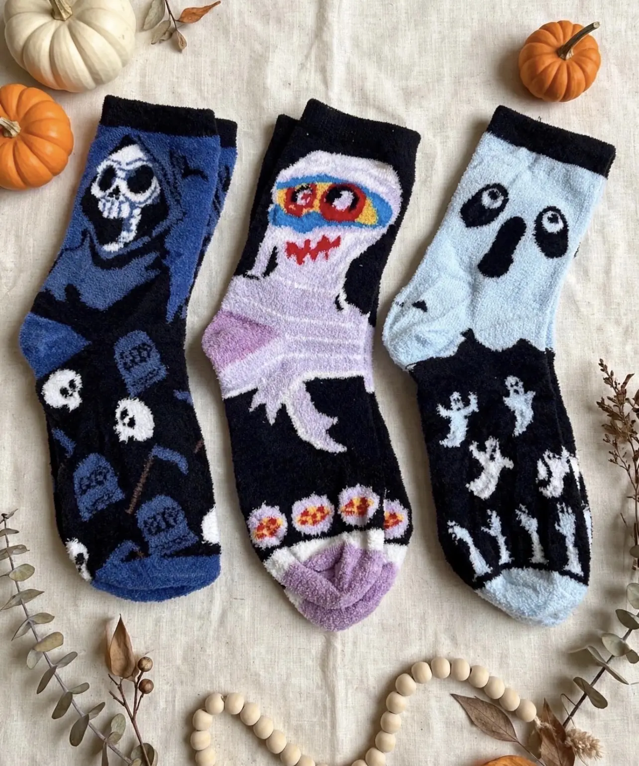 3 Pack Halloween Fuzzy Socks - Cozy Plush Soft Spooky Novelty Socks - Witch Vampire Ghost Pumpkin Skeleton Cat Gift