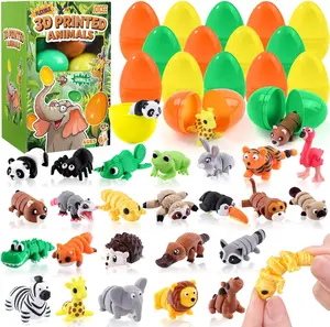24 PCS Prefilled Easter Eggs with 3D Printed Animal, Jungle Forest Animal Figurines Flexible Articulated Fidget Toys Set for Kids Easter Egg Hunt Basket Stuffers Party Favors