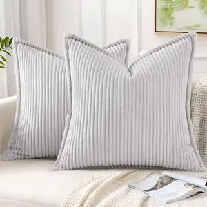 Corduroy Throw Pillow Covers 24x24 Set of 2, Neutral Decorative Soft Boho Couch Pillow Covers with Broadside for Sofa Living Room, Grey