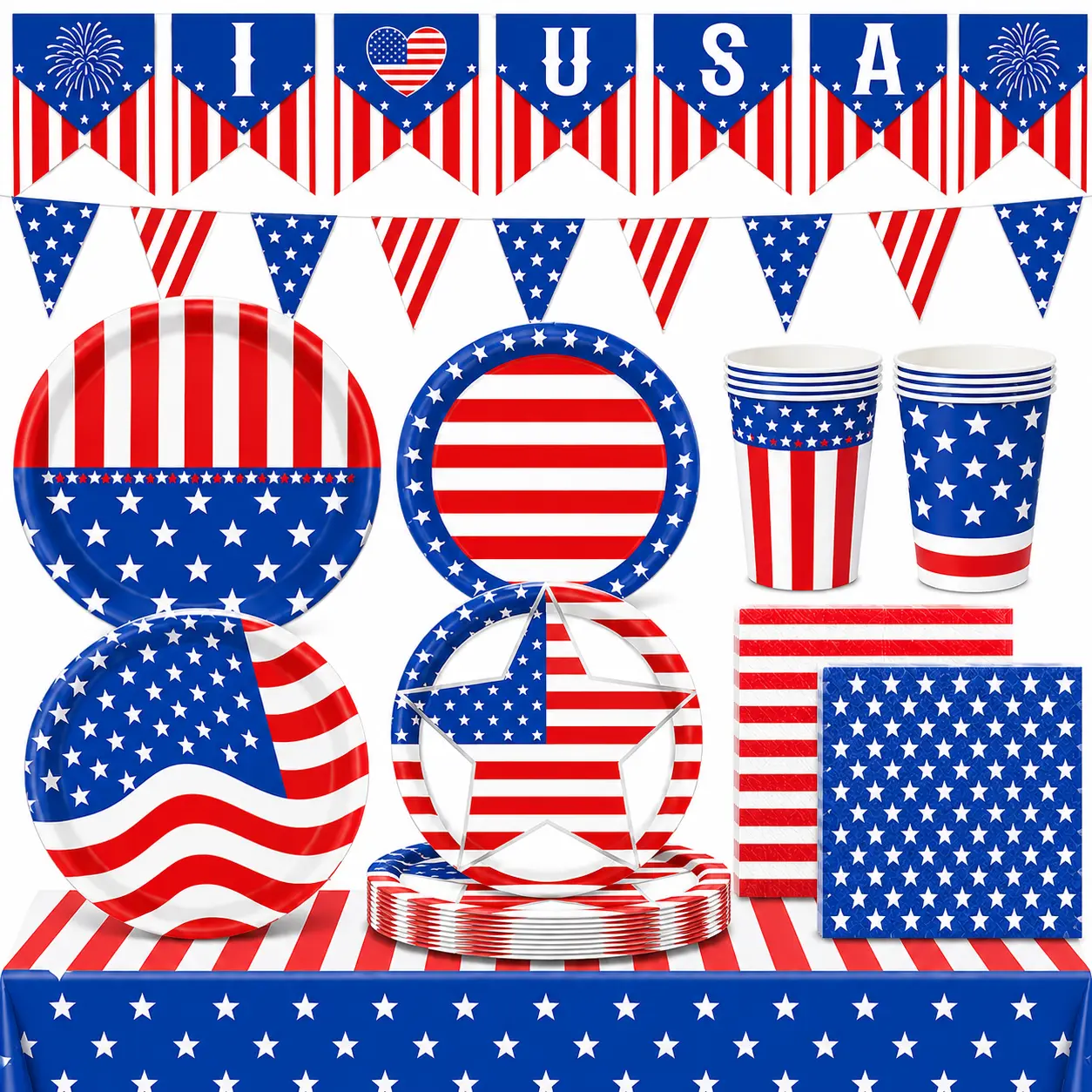 99PCS Red White Blue Disposable Party Tableware Set, Serves 24, Plates Cups Napkins Tablecloth & 2 Banners