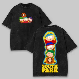 South Park Edgy Cartoon Graphic Tee, Washed Cotton Oversized Shirt, Adult Humor Streetwear