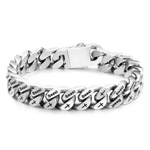 Vintage Punk Stainless Steel Bracelet – Men's Heavy-Duty Cuban Chain with "Beast" Engraving, Bold Street Style, Durable Magnetic Clasp motivational  jewelry bull ring bracelets