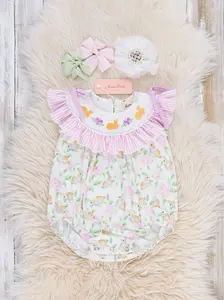 Floral Bunny Rabbits Smocked Ruffle Bubble Romper