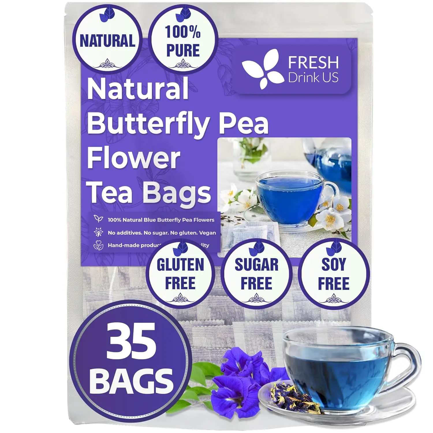 Premium Butterfly Pea Tea, 35 count, 100% Natural and Pure from Butterfly Pea Flowers, Hand-made, Made With Natural Materials-Corn Fiber Tea Bag, Sugar/Caffeine/Gluten Free, Vegan, Natural Beverage