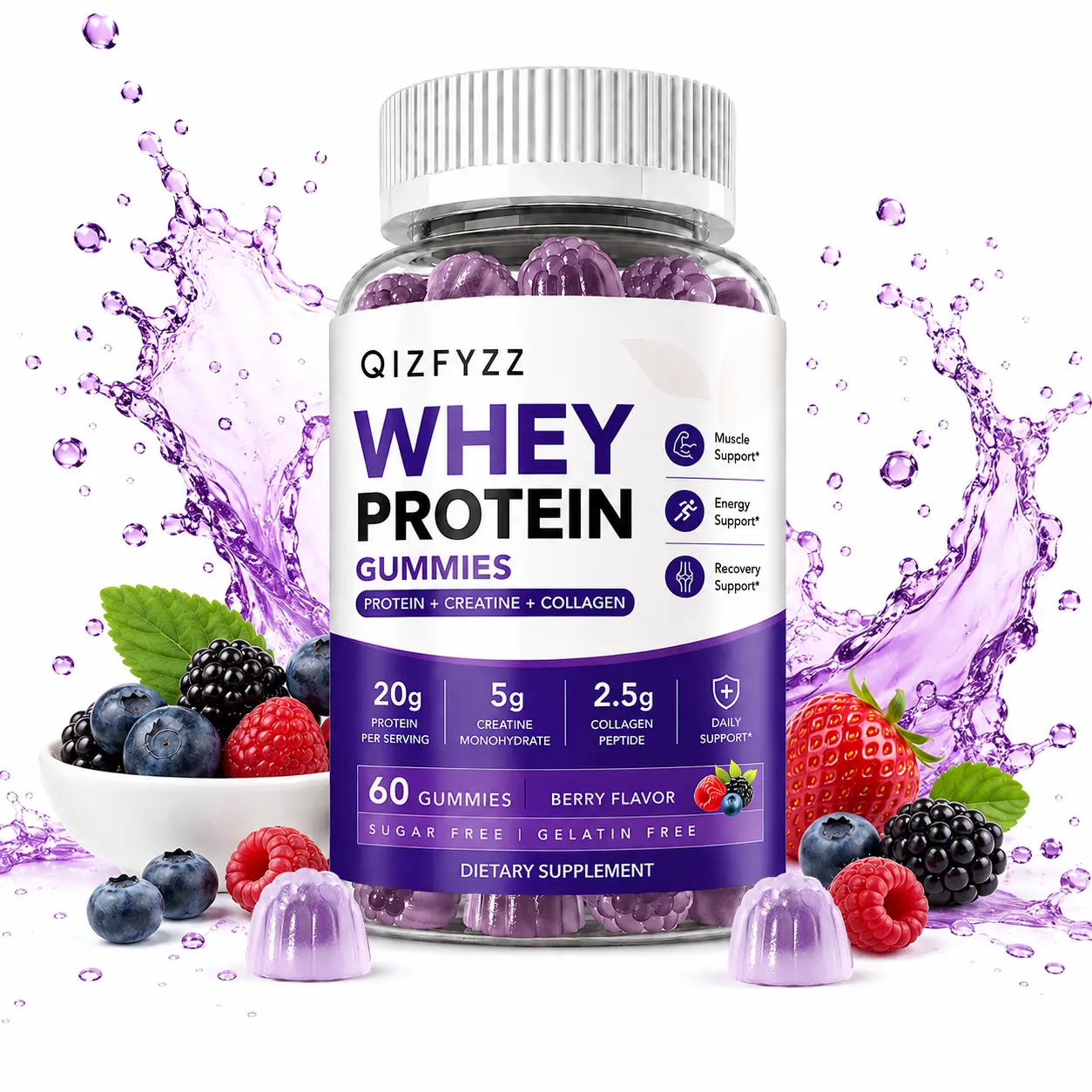 3-in-1 Protein Chewable Whey Gummies, Sugar-Free Berry Flavor Healthcare Dietary Supplement for Adults - with Creatine & Collagen, Pre-Workout Power, Energy & Focus Support, Fitness Muscle Recovery