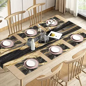 Marble Agate Black Golden Table Runner and Placemats Set of 6,Stone Gold Art Dining Decor for Daily Use(1 Table Runner 72 inches Long and 6 Placemats)