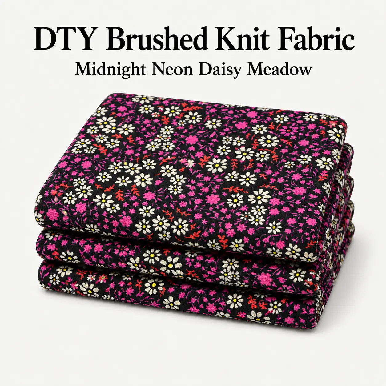 Midnight Neon Daisy Meadow DTY Brushed Knit Fabric - 96% Polyester 4% Spandex, 4-Way Stretch, 58 in Width, 180 GSM, Sold by the Yard