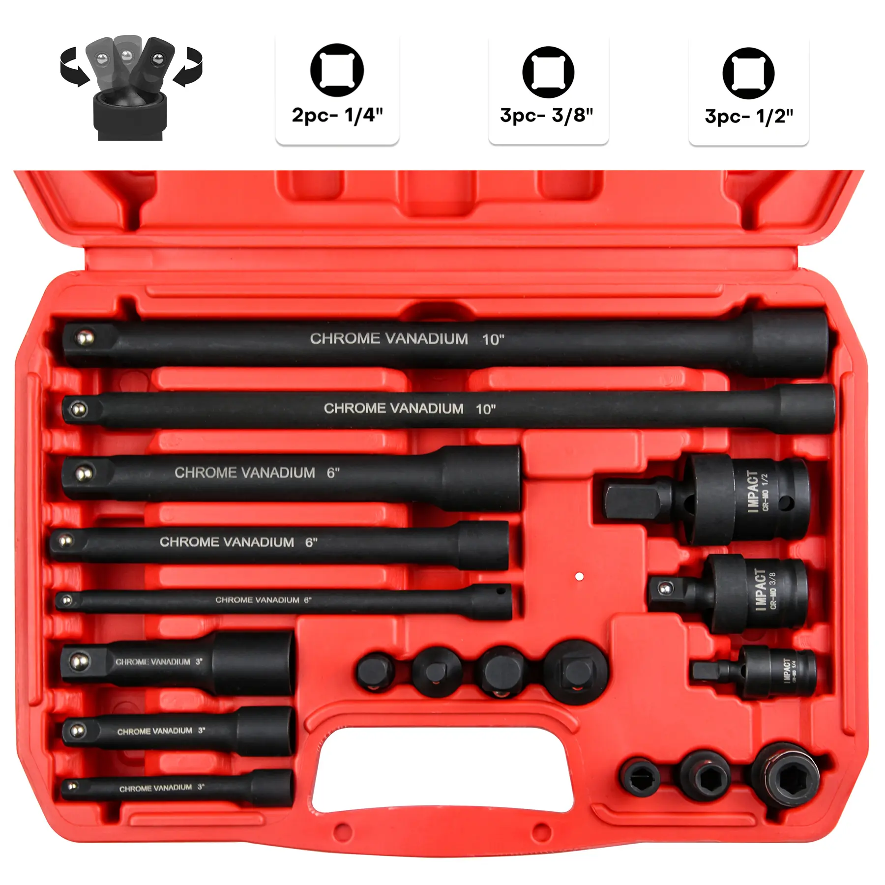 DARK DUCK 18-Piece Impact Socket Extension Bar and Adapter Set - 1/4", 3/8", 1/2" Drive, Includes 3", 6", 10" Extensions, 360-Degree Swivel Universal Joints, Reducers & Hex Bit Adapters - Heavy Duty CR-V & CR-MO Steel, with Storage Case, Mechanic, Tools K