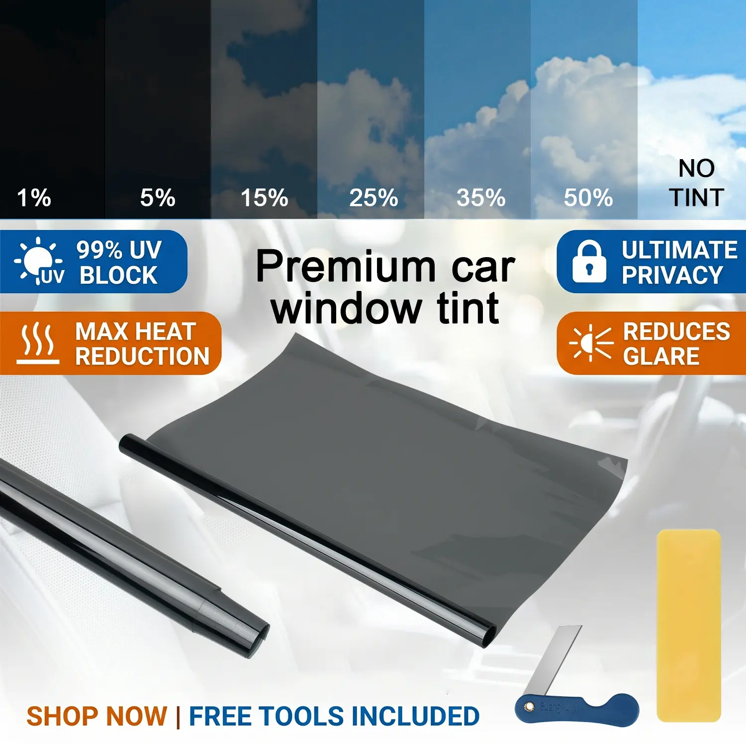 3M/6M Car Window Tint Film Roll, 1%-50% VLT, 99% UV Block, Heat Control Anti-Glare Scratch Resistant Sun Shade Film for Car Windows, Cars Accessories, Car Stuff Privacy Window Sunshade privacy film carbon, DIY Highland Window Tint Kit