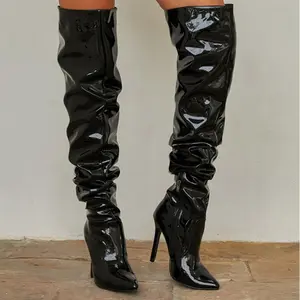 2025 Autumn/Winter Women’s High-Heel Over-the-Knee Long Boots, Tube Style, Folded Design, Stacking Detail