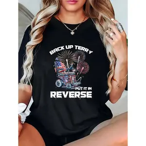 Women's 4th of July T-Shirt - Back Up Terry Put It In Reverse, American Flag Wheelchair Fireworks Graphic, Casual Independence Day Party Outfit 100% Cotton T-shirt