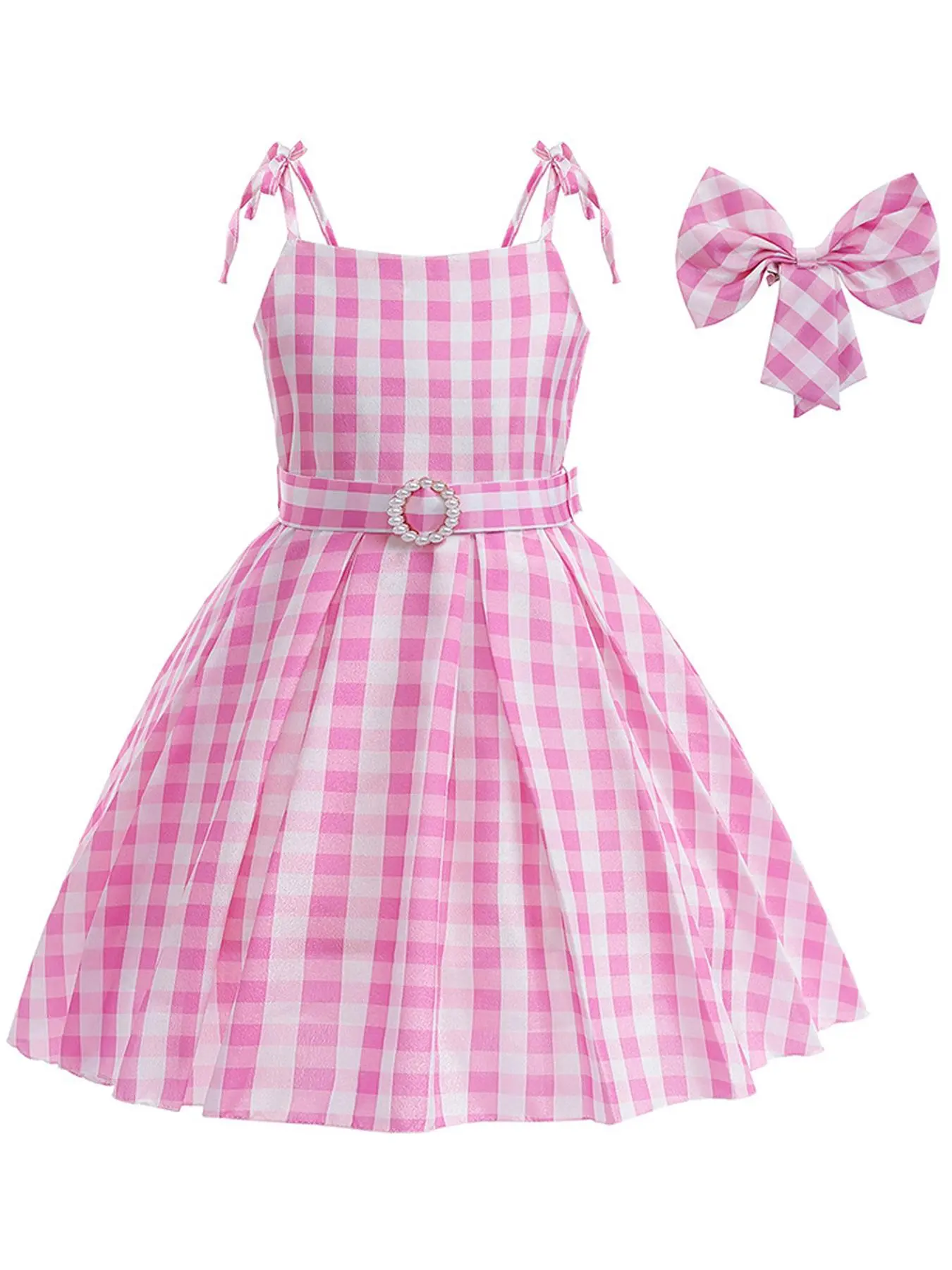 Girl's Gingham Print Faux Pearl Decor Belted Dress With Hair Clip, Cute Spaghetti Strap Tie Shoulder Midi Dress, Birthday Dress for Party Holiday, Kids Clothes for All Seasons, Plaid Gingham Dress