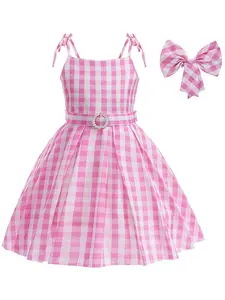 Girl's Gingham Print Faux Pearl Decor Belted Dress With Hair Clip, Cute Spaghetti Strap Tie Shoulder Midi Dress for Party Holiday, Kids Clothes for All Seasons