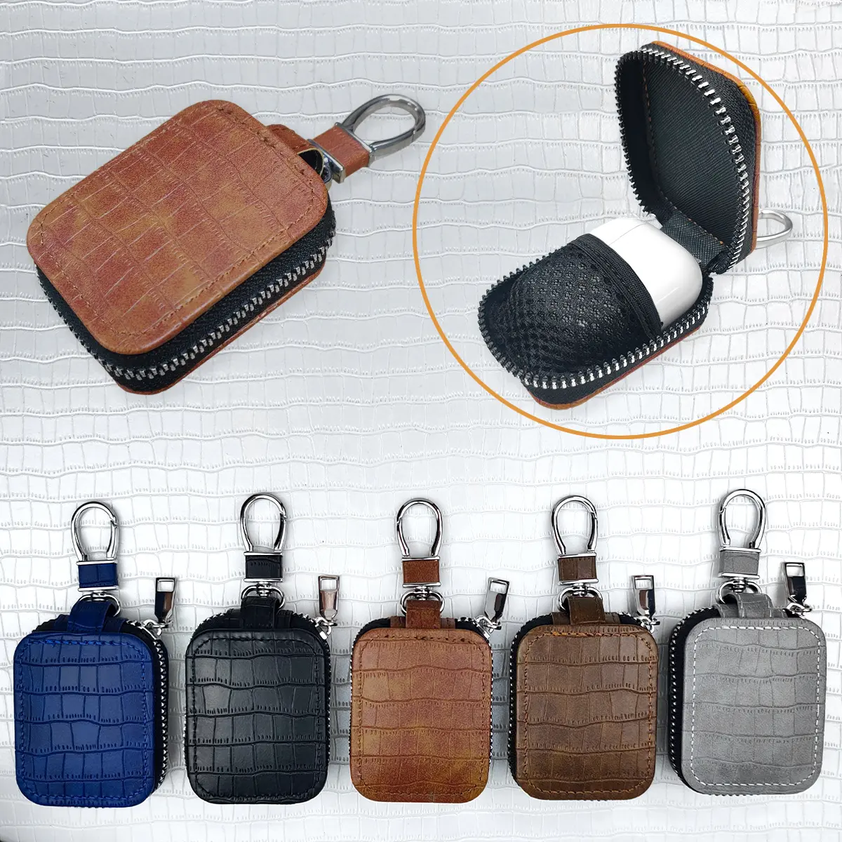 AirPods Pro3 Case with Carabiner Clip, PU Leather Earphone Bag with Zipper, Travel Storage Organizer for Earbuds, Headphones & Charging Cable, Headphone Accessories