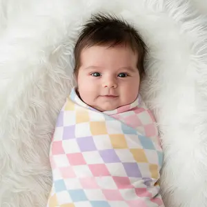 Bestaroo Pastel Checks Swaddle Blanket 45"x45" – Soft Bamboo Spandex, Multipurpose for Baby, Swaddle, Stroller Cover, Nursing Cover, Snuggle or Superhero Cape
