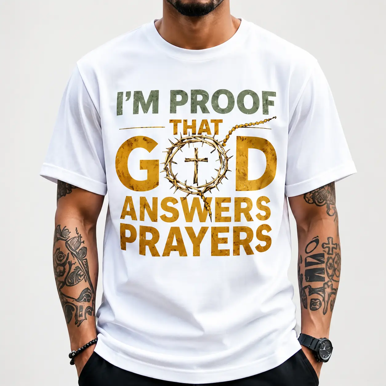 Men's Christian T-Shirt "I Am the Proof of God's Response to Prayer" with Golden Crown Cross & Lettering - Ultra-Soft Breathable Fabric Suitable for Church, Easter, Christmas - White & Black Crew Neck Short Sleeve, Unisex (Machine Washable) Religious 099