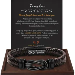 Stainless Steel Leather Bracelet To My Son To My Grandson To My Dad Braided Jewelry for Men Festival Gift Row Magnetic Closure
