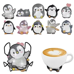 10 irregularly shaped animal-shaped penguin pattern artificial diamond painted coasters DIY crystal diamond painted wooden table art coasters with stand, Diamond Painting Coasters, suitable for adult office coffee MATS, handicrafts, supplies and gifts